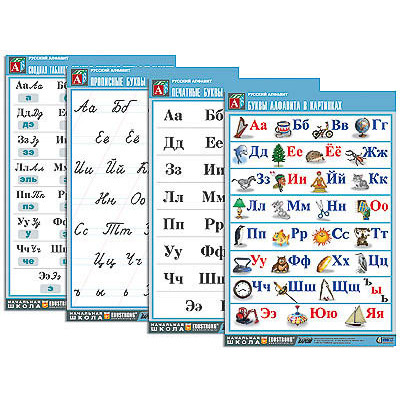 Комплект таблиц "Русский алфавит" (4 табл., формат А1, матовое ламинир.)