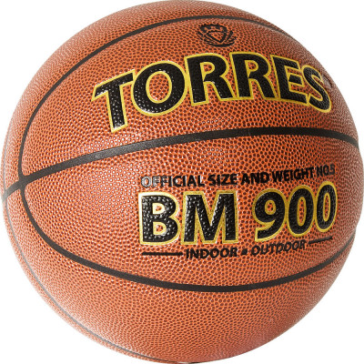 Мяч баск. матчевый  "TORRES BM900" арт.B32036, р.6, синт. кожа (полиуретан-композит), нейлоновый корд, бутиловая камера, для зала и улицы, темнооранжево-черный