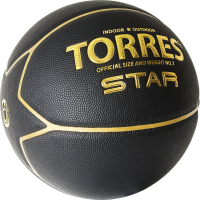Мяч баск. матчевый "TORRES Star" арт.B32317, р.7, 7 панелей комп. кожа (ПУ), нейлоновый корд, бутиловая камера, для зала и улицы, черно-золотой