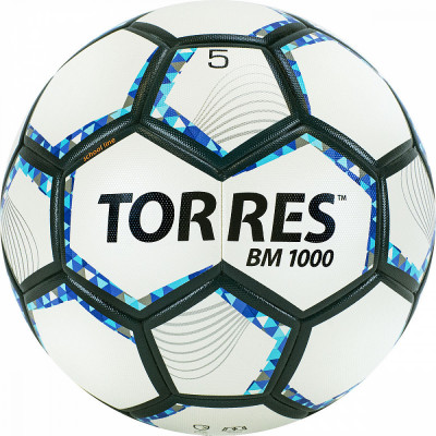 Мяч футб. "TORRES BM 1000" арт.F320625, р.5, 32 панели., мягкий PU,  термосшивка, дизайн 2021, бело-серебр-синий