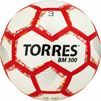 Мяч футб. "TORRES BM 300" арт.F320743, р.3, 28 панелей. TPU, 2 подкл. слой,  машинная сшивка, дизайн 2021,бело-серебристо-красный