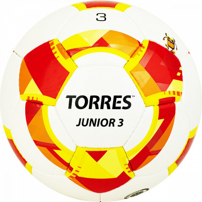 Мяч футб. "TORRES Junior-3" арт.F320243, р.3, для тренировок детей до 5-7 лет, вес 270-290 г, глянц. синт. кожа (ПУ), 3 подкл. слоя, 32 пан, ручная сшивка, бутил. камера, дизайн 2021, бело-красн-желт