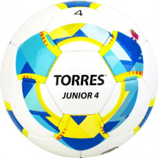 Мяч футб. "TORRES Junior-4" арт.F320234, р.4, для игр и тренировок детей до 10-12 лет, вес 310-330 г, глянц. синт. кожа (ПУ), 3 подкл. слоя, 32 пан, ручная сшивка, бутил.. камера, дизайн 2021,бело-желт-гол