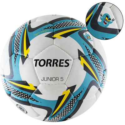 Мяч футб. "TORRES Junior-5" арт.F320225, р.5, для игр и тренировок детей и подростков до 13 лет, вес 390-410 г, глянц. синт. кожа (ПУ), 3 подкл. слоя, 32 пан, ручная сшивка, ,бутил. камера, дизайн 2021, бело-гол-сер