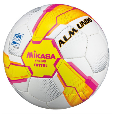 Мяч футзал. проф. "MIKASA FS450B-YP",р.4, серт. FIFA Quality Pro, гл.синт.кожа (ПУ), руч.сшивка, 4 подклад.слоя из синт.ткани, бут.камера с наполнителем для низкого отскока, бело-желто-розовый