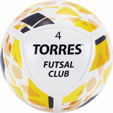 Мяч футзал. "TORRES Futsal Club", арт.FS32084, р.4, 10 панелей. PU, 4 подкл. слоя, гибридная сшивка, белый-золотой-черный