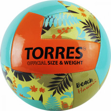 Мяч вол. любит. для пляжного волейбола "TORRES Hawaii" арт.V32075B, р.5, мягкая синт. кожа (ТПУ), машинная сшивка, бутиловая камера, нейлоновый корд, 12 панелей, бирюзово-оранжевый