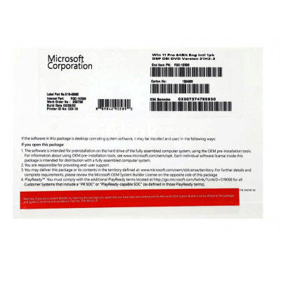 Операционная система Microsoft Windows 11 Pro, 64 bit, Eng, DVD, OEM fqc-10528