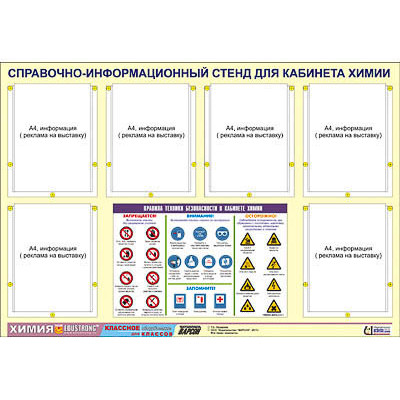 Стенд информационный "Правила техники безопасности в кабинете химии" (80х110, 6 карманов)
